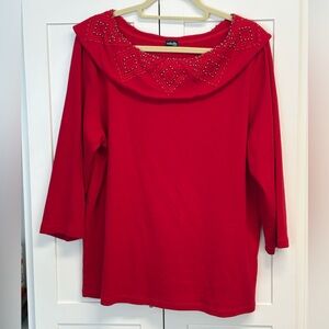 Rafaella red sweater, cowl neck with studded embellishments 3/4 sleeves. NS